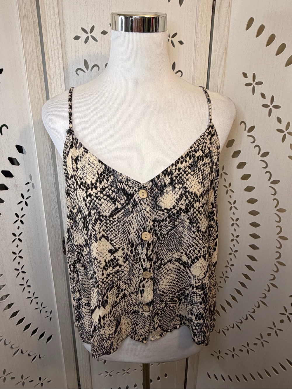 Button-Front Snake Print Cami Top - Black & Cream